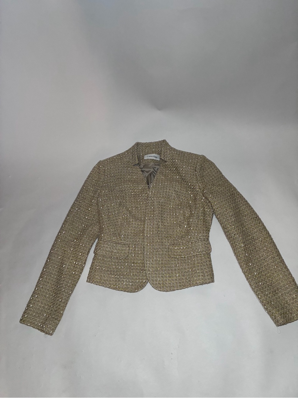 Calvin Klein Tweed Cropped Blazer in Beige with Metallic Thread